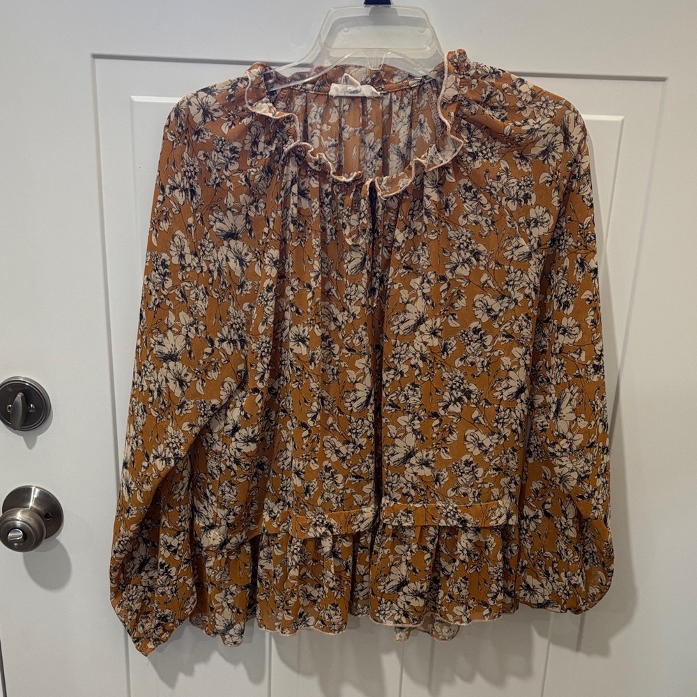 Freeway Mustard Floral Ruffle-Neck Blouse